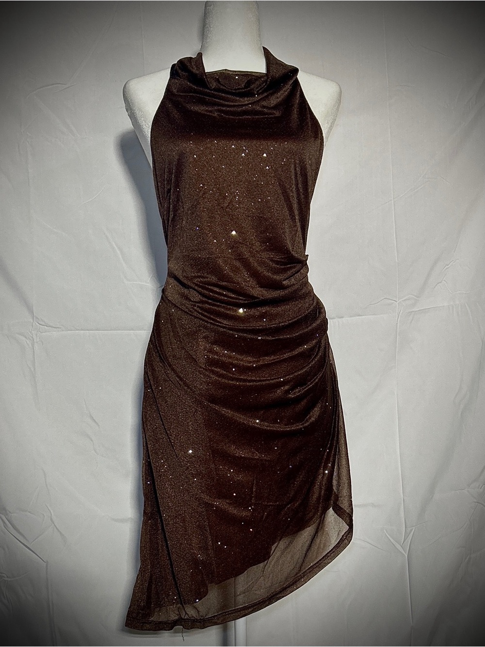 Cider One-Shoulder Brown Sparkle Draped Dress